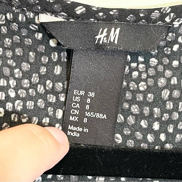 H&M Women's Black Polka Dots V-Neck Long Sleeve Cinched Baby Doll Dress Size 8 - Picture 14 of 16